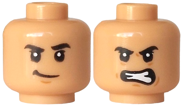 Minifigure, Head Dual Sided Black Eyebrows, Medium Nougat Chin Dimple, Lopsided Grin / Wrinkles, Scowl Pattern: {умерен тан}
