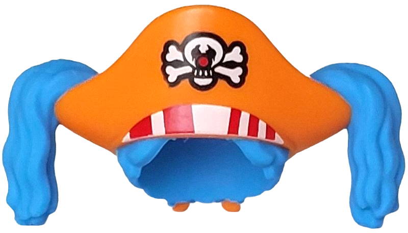 Minifigure, Hair Combo, Pirate Hat with Bandana with Molded Flexible Rubber Dark Azure Hair with Ponytails and Printed Red and White Stripes, Skull and Crossbones (Jolly Roger) Pattern: {ярко оранжев}