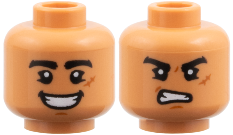 Minifigure, Head Dual Sided Black Eyebrows, Dark Orange Scar and Chin Dimple, Open Mouth Smile / Scowl Pattern: {нуга}