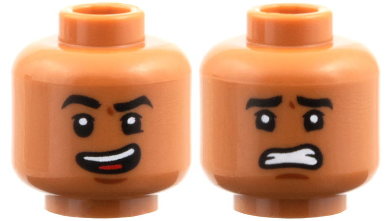 Minifigure, Head Dual Sided, Black Eyesbrows, Reddish Brown Chin Dimple, Open Mouth Smile with Top Teeth and Red Tongue, Raised Eyebrow Right / Scared Pattern: {сиена кафяво}