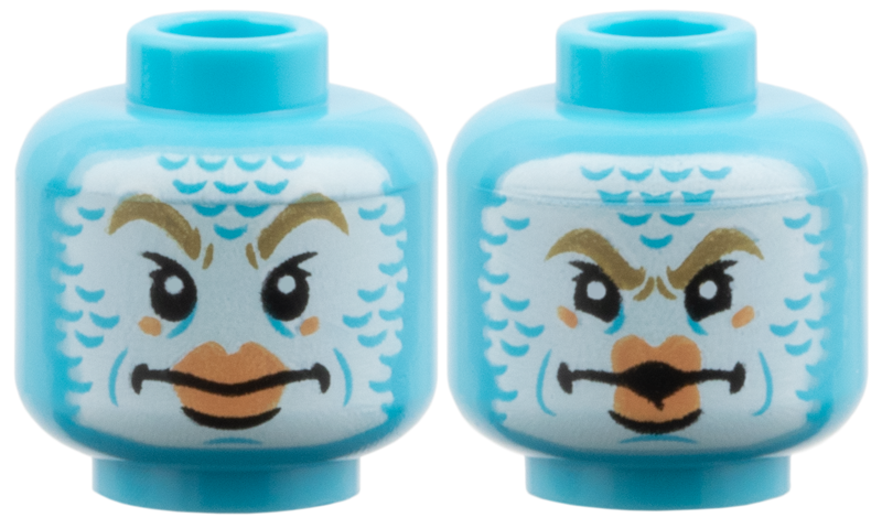 Minifigure, Head Dual Sided Alien, White Face with Scales, Dark Tan Eyebrows, Nougat Large Lips, Neutral / Angry Pucker Pattern: {умерено небесносин}