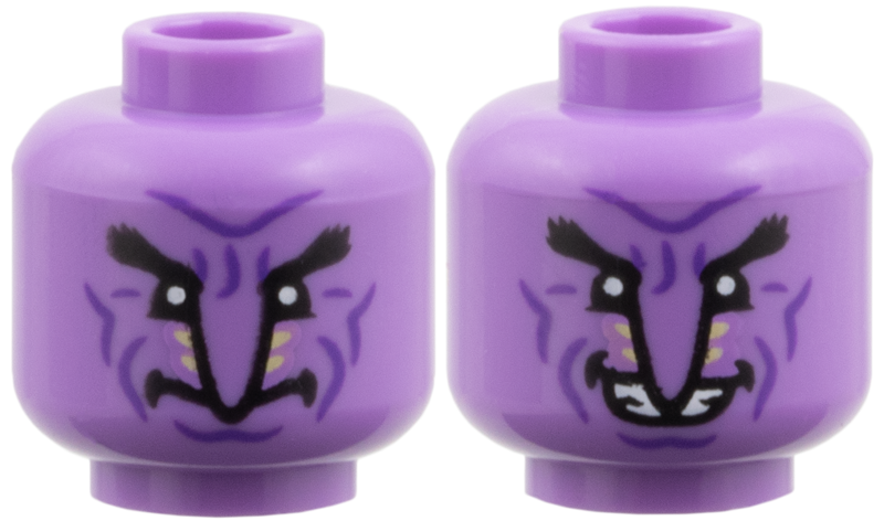 Minifigure, Head Dual Side Alien, Black Eyebrows, Dark Purple Contour Lines, Long Nose, Tan Stripes, Neutral / Smile with Teeth Pattern: {умерено лавандулов}