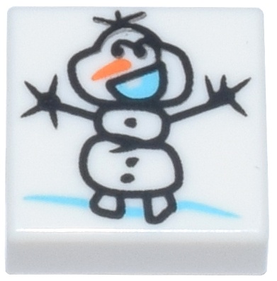 Tile 1 x 1 with Black Snowman (Olaf) Stick Figure Drawing, Bright Light Blue Mouth and Orange Nose Pattern: {бял}