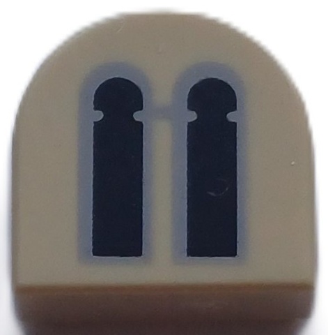 Tile, Round 1 x 1 Half Circle Extended with 2 Black and Light Bluish Gray Castle Windows Pattern: {тухлено жълт}