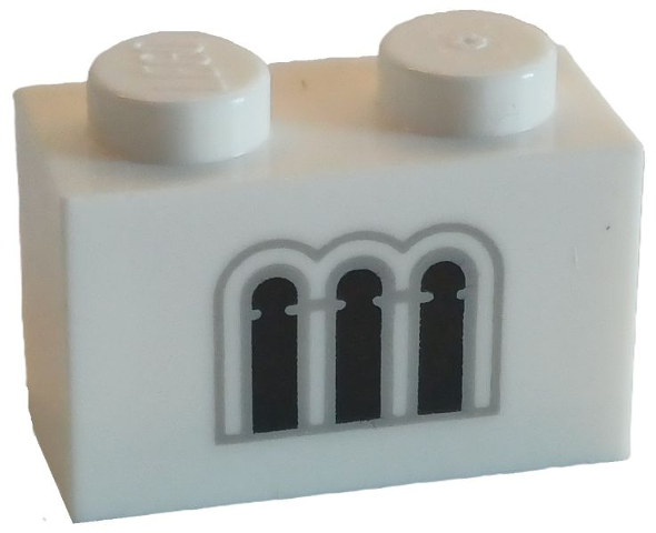 Brick 1 x 2 with 3 Black and Light Bluish Gray Castle Windows Pattern: {бял}