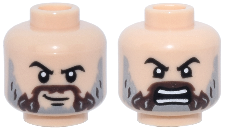 Minifigure, Head Dual Sided Black Eyebrows, Dark Brown Moustache, Light Bluish Gray Full Beard, Chin Dimple, Crooked Lopsided Grin / Angry Open Mouth with Teeth Parted Pattern: {светло нуга}