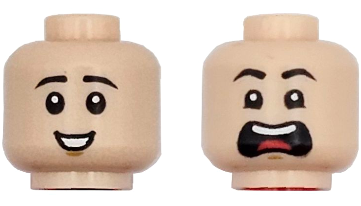 Minifigure, Head Dual Sided Child Black Eyebrows, Medium Nougat Chin Dimple, Open Mouth Smile / Scared Open Mouth with Top Teeth and Tongue Pattern: {светло нуга}
