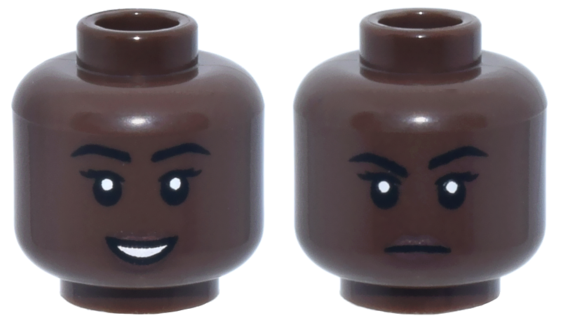 Minifigure, Head Dual Sided Female Black Eyebrows, Double Eyelashes, Dark Brown Lips, Open Mouth Smile with Teeth / Closed Mouth Frown Pattern: {умбра}