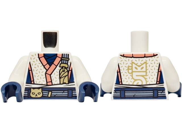 Torso Robe with Coral Hems, Dark Blue Panels, Gold Cat Head on Sand Blue Belt Pattern / White Arms / Dark Blue Hands: {бял}