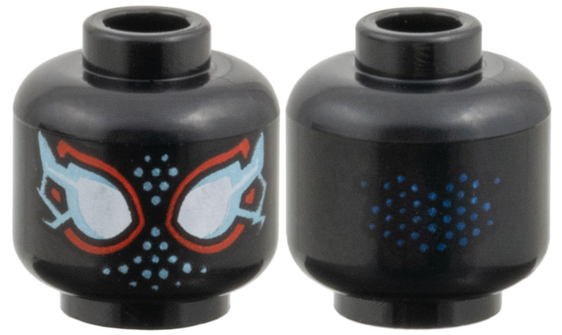 Minifigure, Head Alien with Spider-Man Large White Eyes with Red Borders, Metallic Light Blue Electricity and Dots Pattern: {черен}