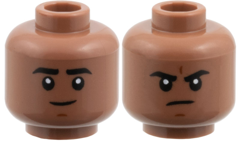 Minifigure, Head Dual Sided Black Eyebrows, Reddish Brown Chin Dimple, Grin / Frown Pattern: {умерено кафяв}