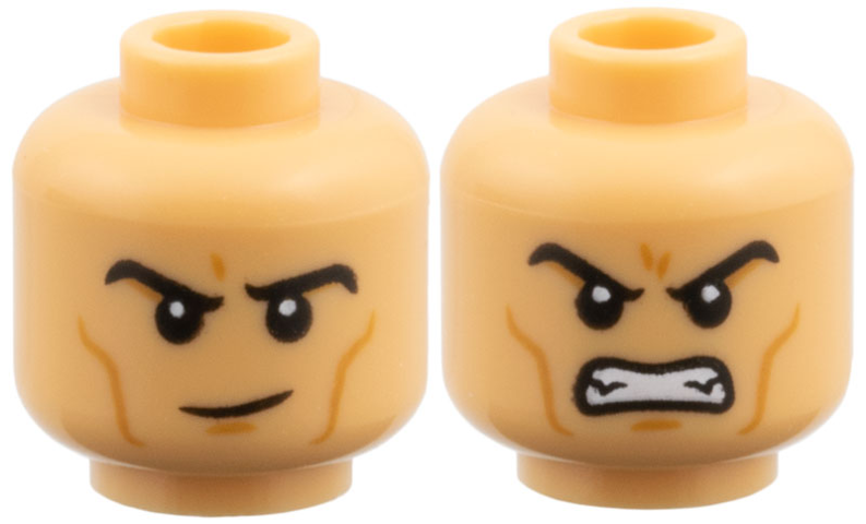 Minifigure, Head Dual Sided Black Eyebrows, Medium Nougat Cheek Lines and Chin Dimple, Raised Eyebrow Right / Fierce Open Mouth Scowl with Teeth Pattern: {умерен тан}