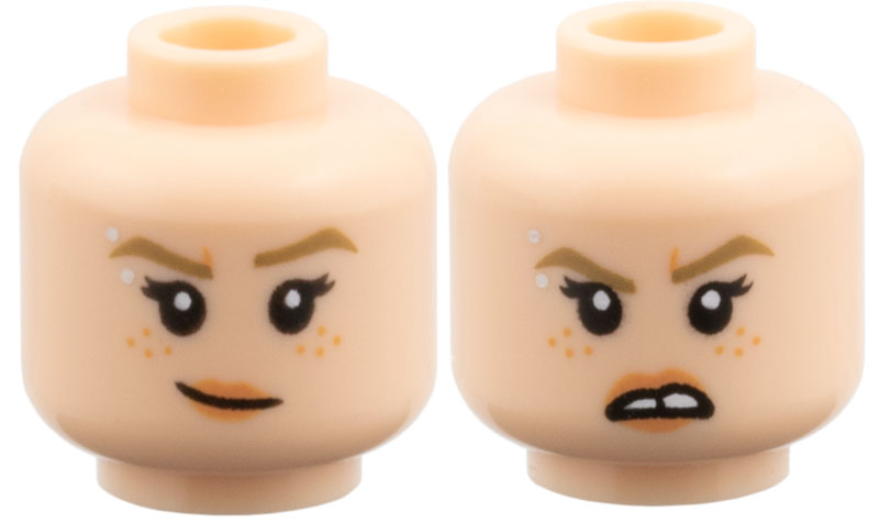 Minifigure, Head Dual Sided Female, Dark Tan Eyebrows, Silver Eyebrow Piercing, Nougat Freckles and Lips, Lopsided Grin / Open Mouth Scowl with Tooth Gap Pattern: {светло нуга}
