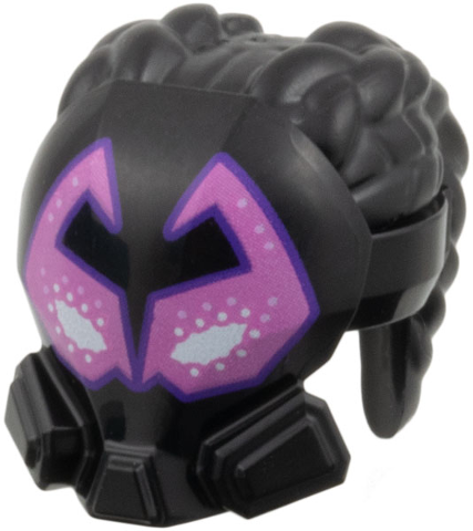 Minifigure, Hair Coiled with 2 Cornrow Pigtails and Mask with White and Dark Pink Angular Eyes with Dark Purple Outline Pattern: {черен}