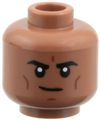 Minifigure, Head Black Eyebrows, Reddish Brown Cheek Lines and Chin Dimple, Slight Grin Pattern: {умерено кафяв}