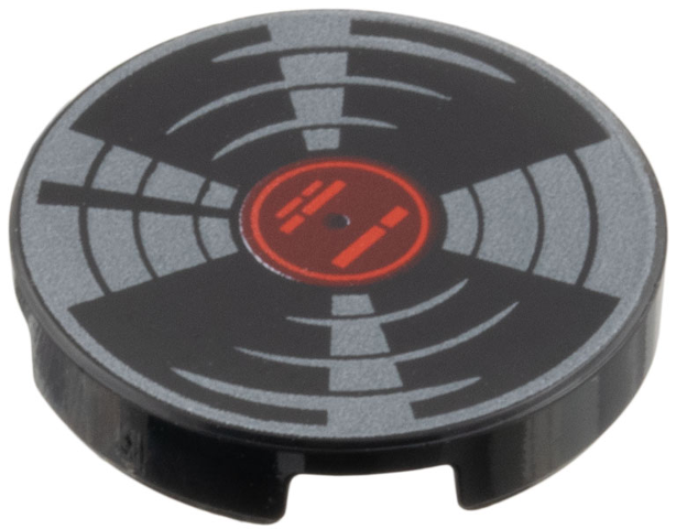 Tile, Round 2 x 2 with Bottom Stud Holder with Vinyl Record with Red and Dark Red Label and Dark Silver Highlights Pattern: {черен}