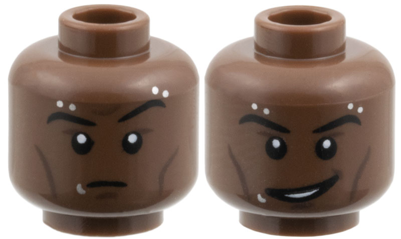 Minifigure, Head Dual Sided Black Eyebrows, Dark Brown Cheek Lines, Silver Piercings and Lip Ring, Raised Eyebrow Left / Lopsided Grin Pattern: {умбра}