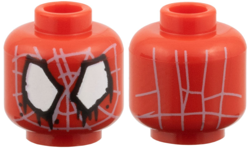 Minifigure, Head Alien with Spider-Man Light Bluish Gray Webbing, Large Irregular White Eyes with Black Borders and Paint Drips Pattern: {ярко червен}