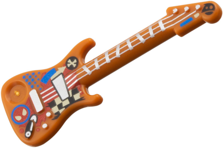 Minifigure, Utensil Musical Instrument, Guitar Electric with Silver Strings, Bridge, and Output Jack, Red and Blue Spider-Man Head, Black and Tan Checkered Pattern: {тъмно оранжев}