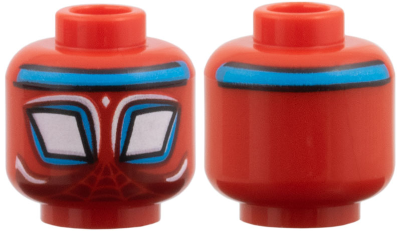 Minifigure, Head Alien with Spider-Man Large White Diamond Eyes with Dark Azure Borders and Headband, Webbing and Highlights on Dark Red Background Pattern: {ярко червен}