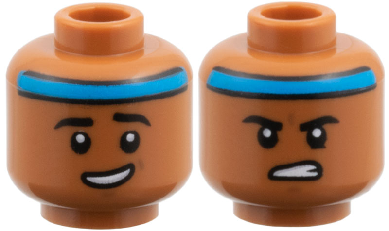 Minifigure, Head Dual Sided Dark Azure Headband, Black Eyebrows, Lopsided Open Mouth Grin / Firm Gritted Teeth Pattern: {сиена кафяво}