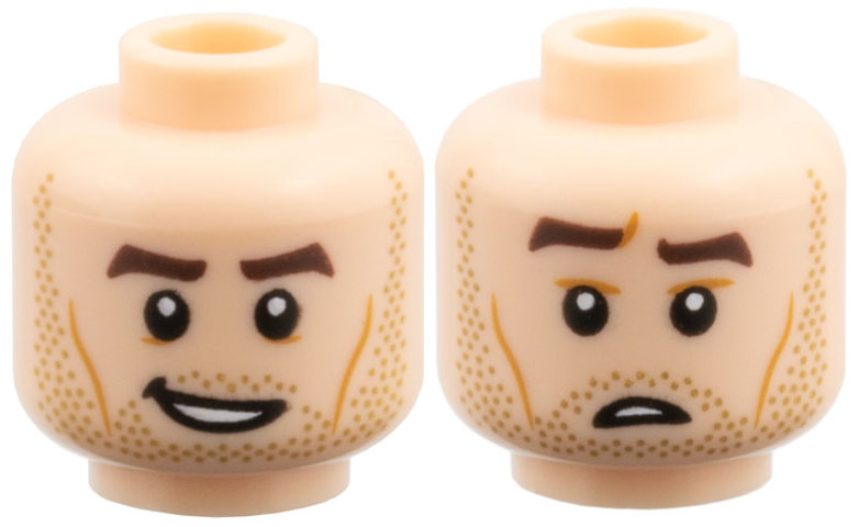 Minifigure, Head Dual Sided Dark Brown Eyebrows, Medium Nougat Cheek Lines, Dark Tan Stubble, Lopsided Open Mouth Grin / Confused with Raised Eyebrow Right Pattern: {светло нуга}