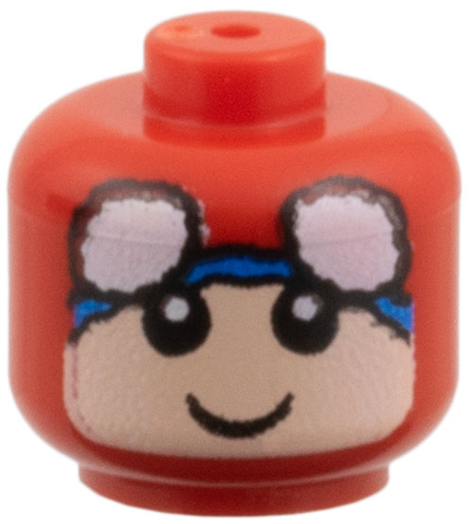 Minifigure, Baby / Toddler Head with Neck with Pulled Up Spider-Man Mask with White Eyes and Blue Hem, Light Nougat Face with Grin Pattern: {ярко червен}