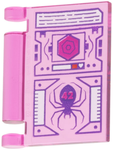 Minifigure, Utensil Book Cover with Tablet Screen, Dark Purple Spider and Lines, Magenta '42' and Hexagon, White Trim Pattern: {прозрачен умерено червеникаво виолетов}