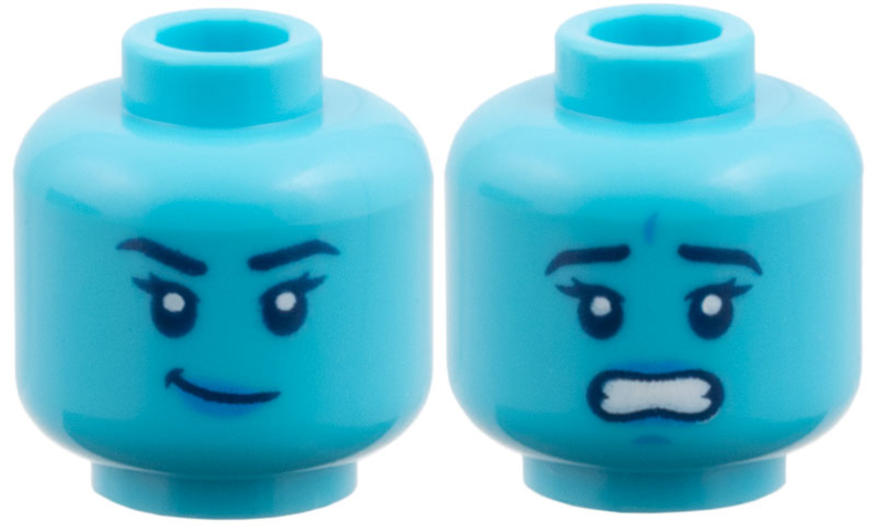 Minifigure, Head Dual Sided Female, Black Eyebrows, Dark Azure Lips, Lopsided Grin / Scared Open Mouth with Teeth Pattern: {умерено небесносин}