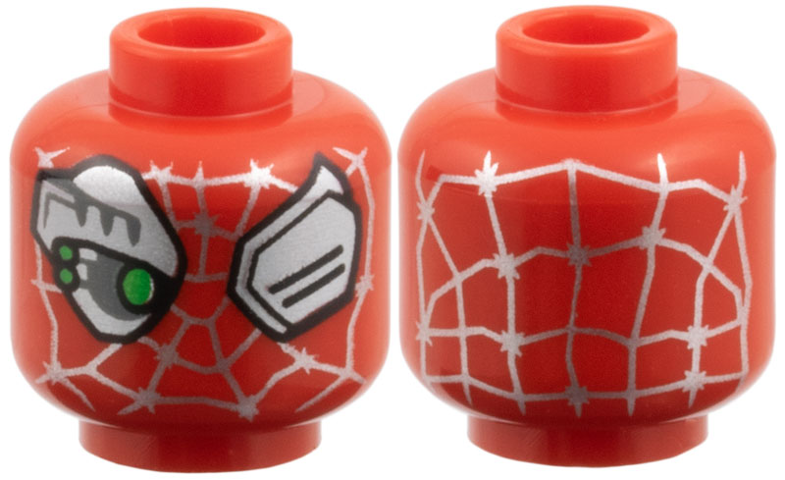 Minifigure, Head Alien Silver Webbing, Eyes and Cyborg Eyepiece, Bright Green Eye Sensors Pattern: {ярко червен}