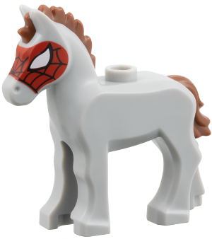 Horse, Foal with Stud on Back with Molded Reddish Brown Mane and Tail and Printed Black and White Eyes and Red Spider Web Mask Pattern (Widow): {умерено каменно сив}