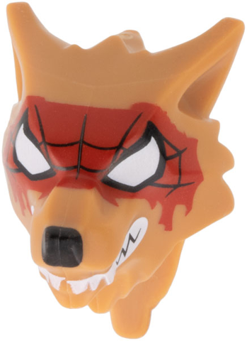 Minifigure, Head, Modified Wolf, Smooth Hair and Brow with Black Nose, Large White Eyes, Teeth and Fangs, Red Spider Web Mask Pattern: {умерен нуга}