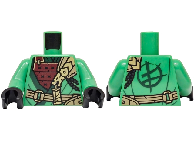 Torso Tunic with Dark Green Hems, Dark Red Shirt, Dark Tan Strap, Gold Dragon Head, Ninjago Logogram Letter L on Back Pattern / Bright Green Arms / Black Hands: {ярко зелен}