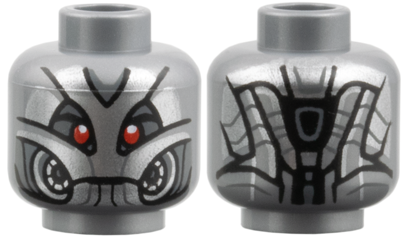 Minifigure, Head Alien Robot with Silver Face with Dark Bluish Gray Lines, Red Eyes, Armor Panels on Back Pattern: {сребърно метален}