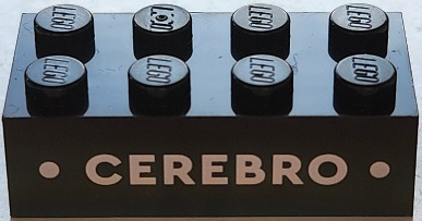 Brick 2 x 4 with White 'CEREBRO' and Dots Pattern: {черен}