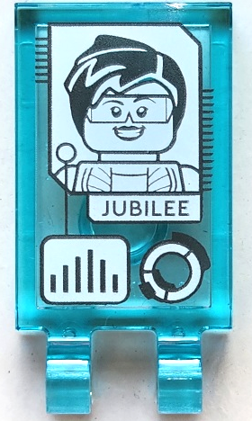 Tile, Modified 2 x 3 with 2 Open O Clips with Screen with Jubilee Minifigure, Bar Chart and Loading Wheel Pattern: {прозрачно светло син}