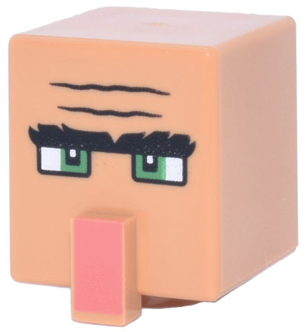 Minifigure, Head, Modified Cube Tall with Raised Rectangle with Black Forehead Creases and Bushy Unibrow, Green Eyes and Coral Nose Pattern (Minecraft Villager): {нуга}