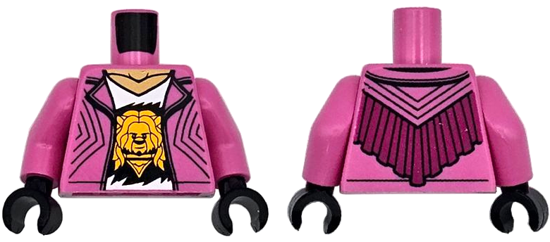 Torso Jacket Open, White V-Neck Shirt with Bright Light Orange Lion Head, Medium Tan Neck, Magenta Fringe on Back Pattern / Dark Pink Arms / Black Hands: {ярко пурпурен}