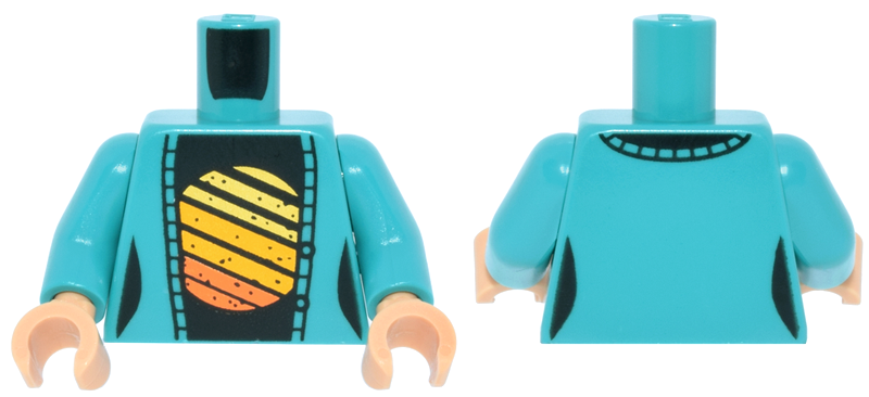 Torso Female Cardigan Sweater Open, Black Shirt with Yellow, Bright Light Orange and Orange Striped Sun Pattern / Dark Turquoise Arms / Medium Tan Hands: {ярко синьо-зелен}