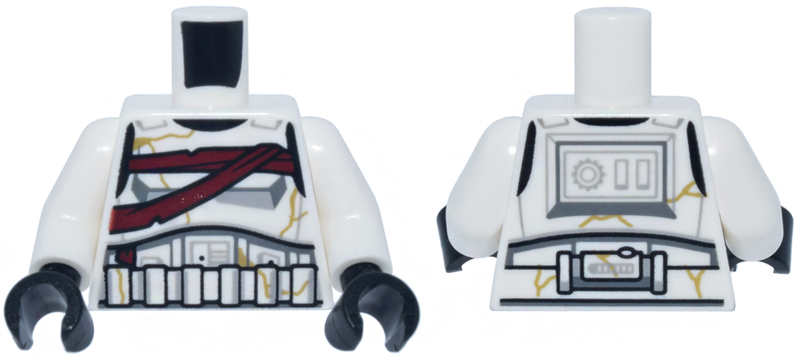 Torso SW Armor Stormtrooper, Simplified Armor with Shoulder Belts, Dark Red Bandages Around Chest, Gold Cracks Pattern / White Arms / Black Hands: {бял}