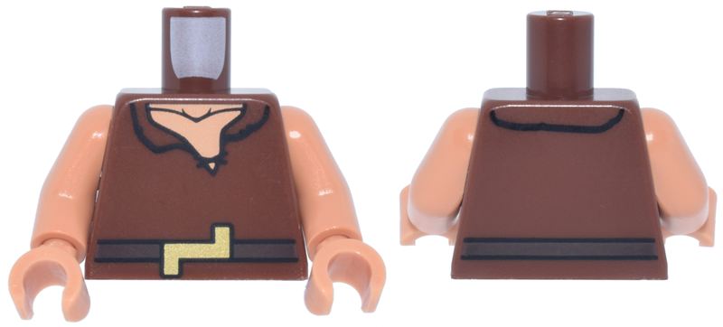 Torso Tunic with Crooked Collar and Black Laces, Dark Brown Belt with Gold Buckle, Nougat Neck with Collarbone Pattern / Nougat Arms / Nougat Hands: {червеникаво-кафяв}