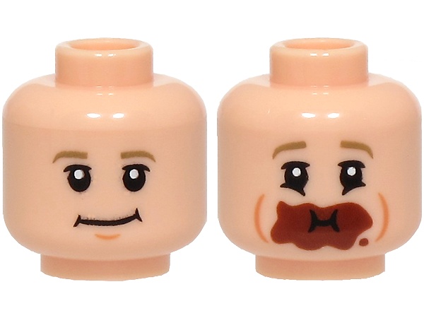 Minifigure, Head Dual Sided Dark Tan Eyebrows, Medium Nougat Chin Dimple, Slight Grin / Eating with Reddish Brown Chocolate Around Mouth Pattern: {светло нуга}
