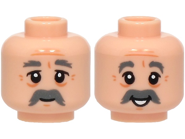 Minifigure, Head Dual Sided Dark Bluish Gray Bushy Eyebrows and Thick Moustache, Medium Nougat Forehead Lines and Dimples, Grin / Open Mouth Smile with Teeth Pattern: {светло нуга}