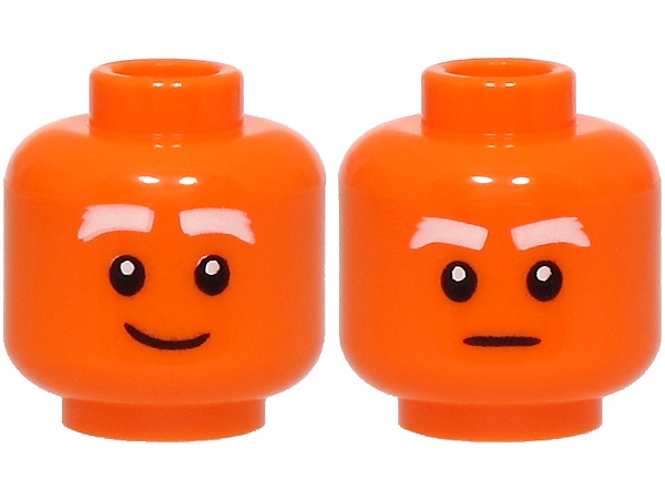Minifigure, Head Dual Sided White Thick Eyebrows, Lopsided Grin / Stern Pattern: {ярко оранжев}