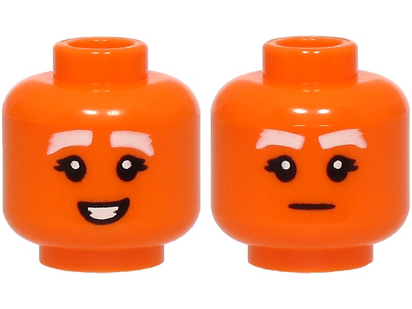 Minifigure, Head Dual Sided Female White Thick Eyebrows, Black Double Eyelashes, Open Mouth Smile with Teeth / Stern Pattern: {ярко оранжев}