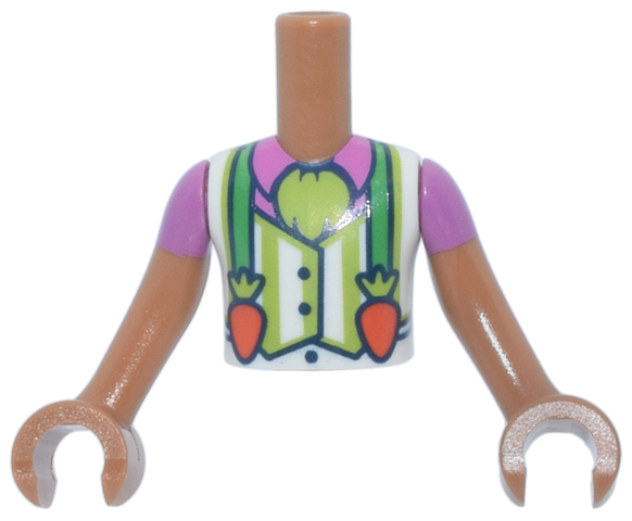 Torso Mini Doll Boy Lime and White Striped Vest over Dark Pink Shirt, Bright Green Suspenders with Carrot Clasps Pattern, Medium Nougat Arms with Hands with Dark Pink Short Sleeves: {умерен нуга}