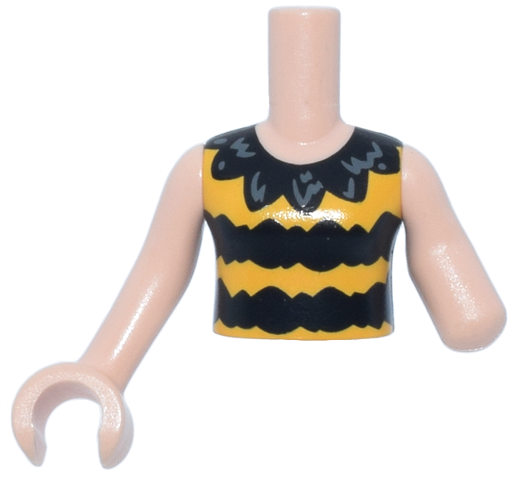 Torso Mini Doll Girl Black and Yellow Striped Top, Collar with Dark Bluish Gray Accents Pattern, Light Nougat Arm Left, Light Nougat Arm with Hand Right: {светло нуга}