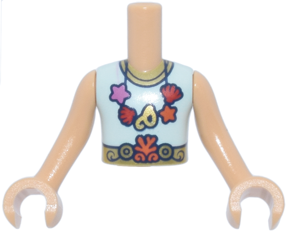 Torso Mini Doll Boy Light Aqua Sleeveless Shirt, Gold Belt and Collar, Reddish Orange, Red and Dark Pink Necklace Pattern, Medium Tan Arms with Hands: {умерен тан}