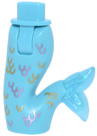 Mini Doll Hips and Mermaid / Merman Tail Assembly with Molded Satin Trans-Light Blue Caudal Fin and Printed Gold and Metallic Pink Scales Pattern: {умерено небесносин}