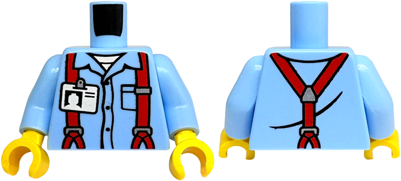 Torso Shirt with Collar, Buttons and Pocket, Red Suspenders with Silver Buckles, White Undershirt, ID Badge Pattern / Bright Light Blue Arms / Yellow Hands: {светло кралско син}